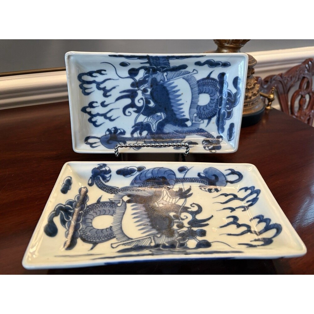 Antique Japanese Blue & White Imari Plates with Dragons and Clouds Chengua Mark